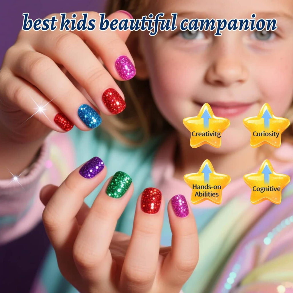 Close-up of child’s hands with colorful glitter nail polish on fingertips