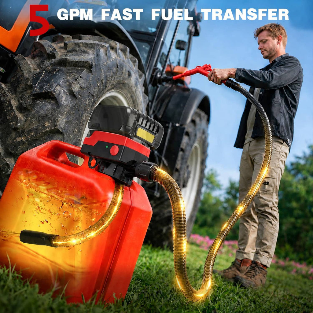 Red electric fuel transfer pump with hand-trigger nozzle and flexible hoses