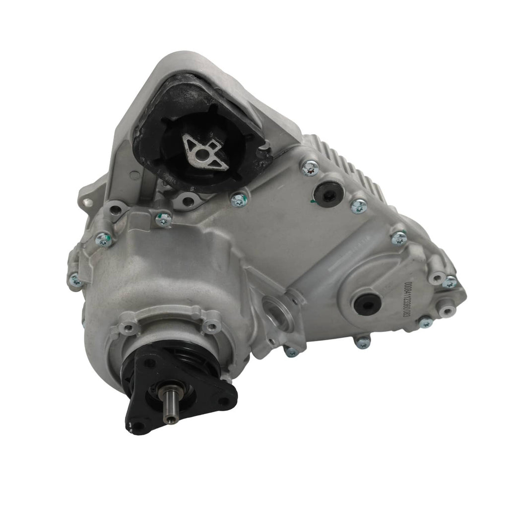 Transfer case assembly angled view, gray metal housing with black top mount