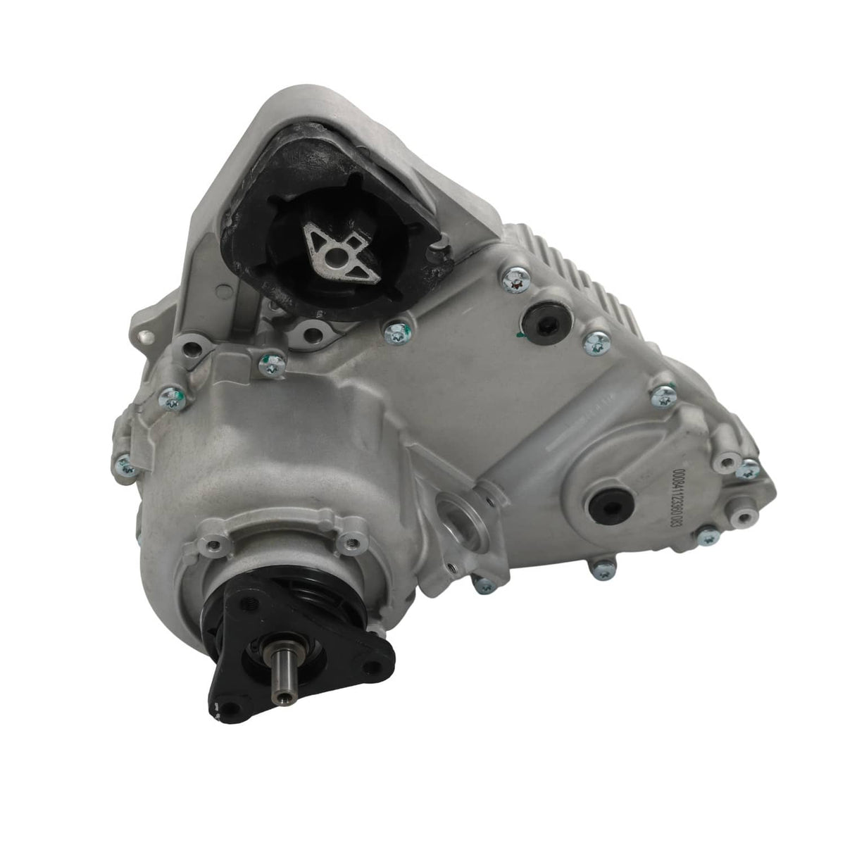 Transfer case assembly angled view, gray metal housing with black top mount