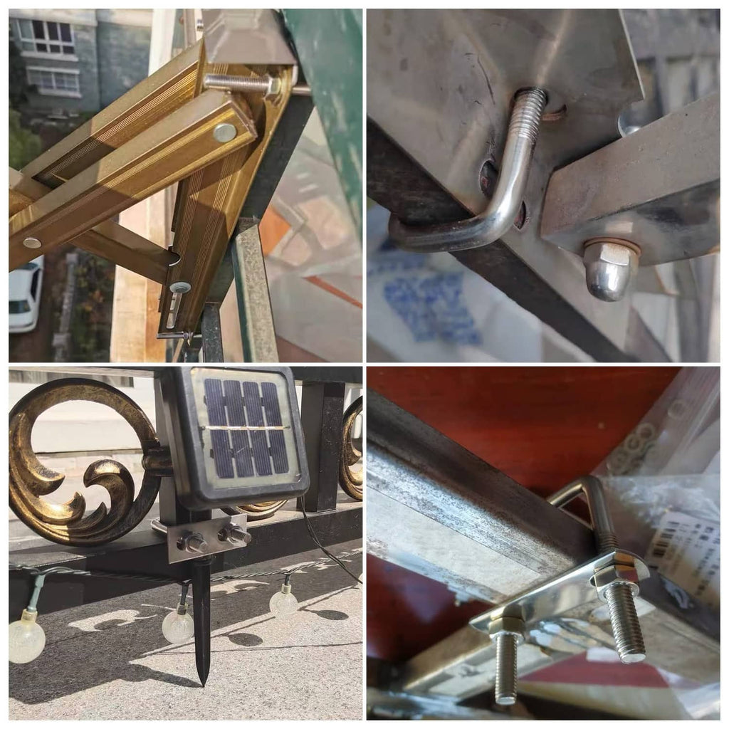 Stainless U-bolt brackets securing metal frame parts with nuts and washers