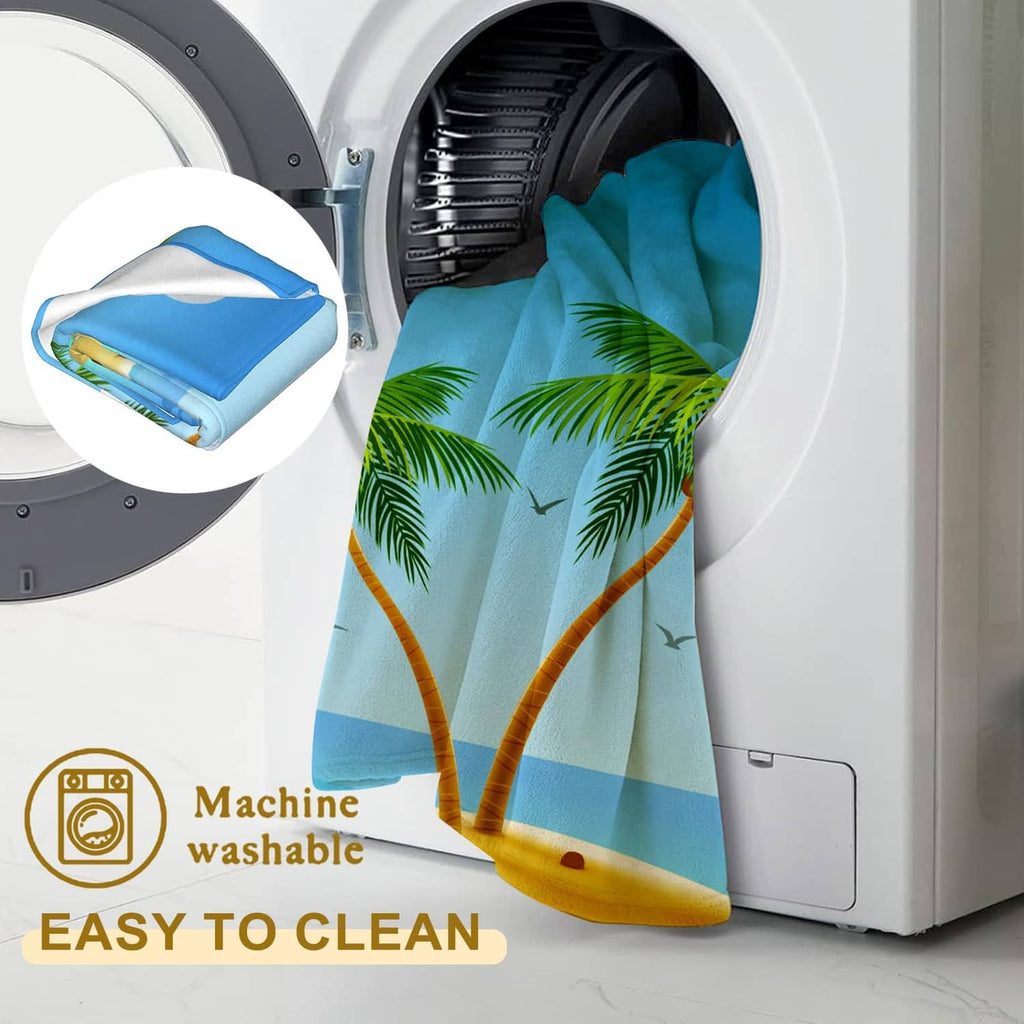 Ocean palm flannel blanket in a washing machine, blue and yellow print