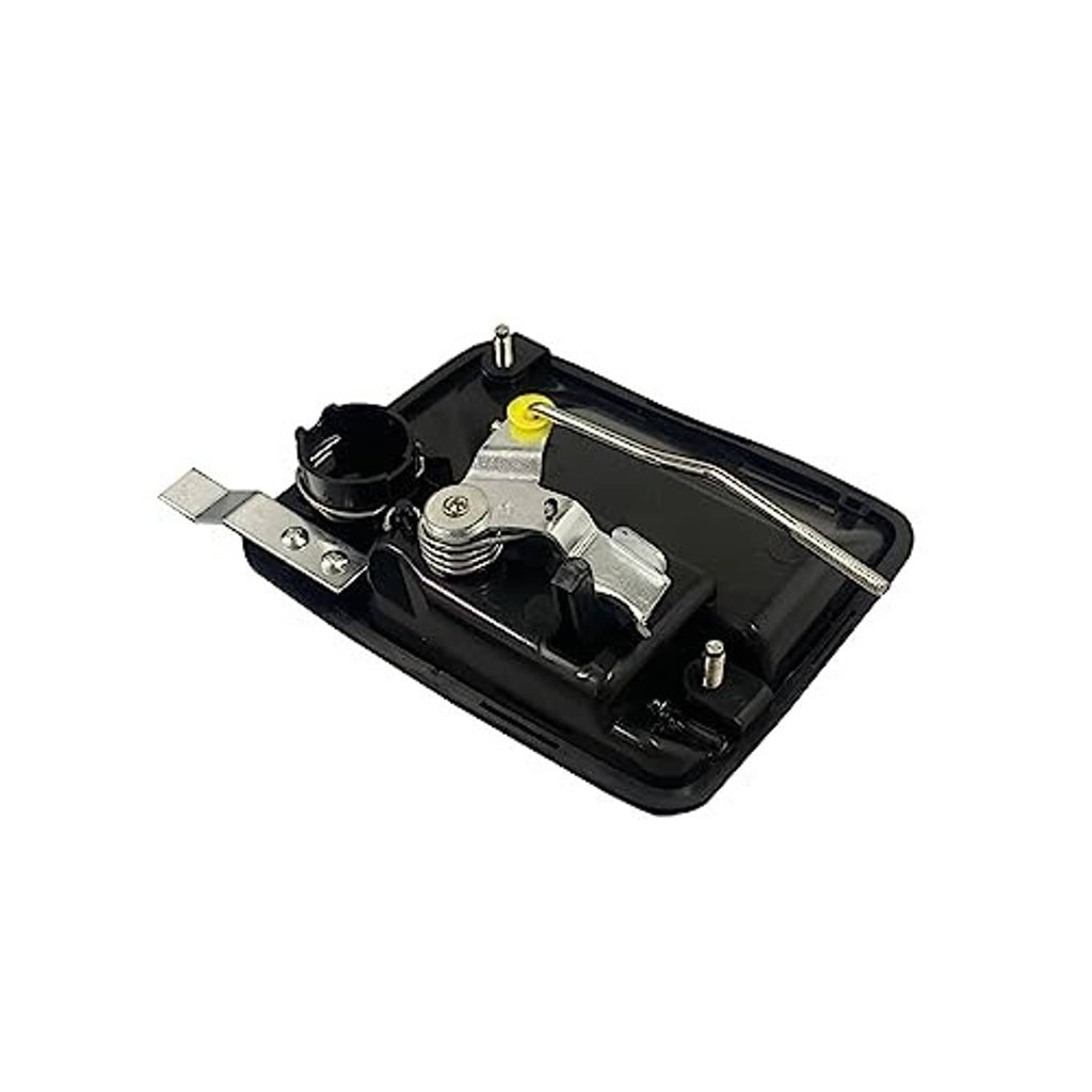 Black exterior door handle underside with latch mechanism and metal mounting clips