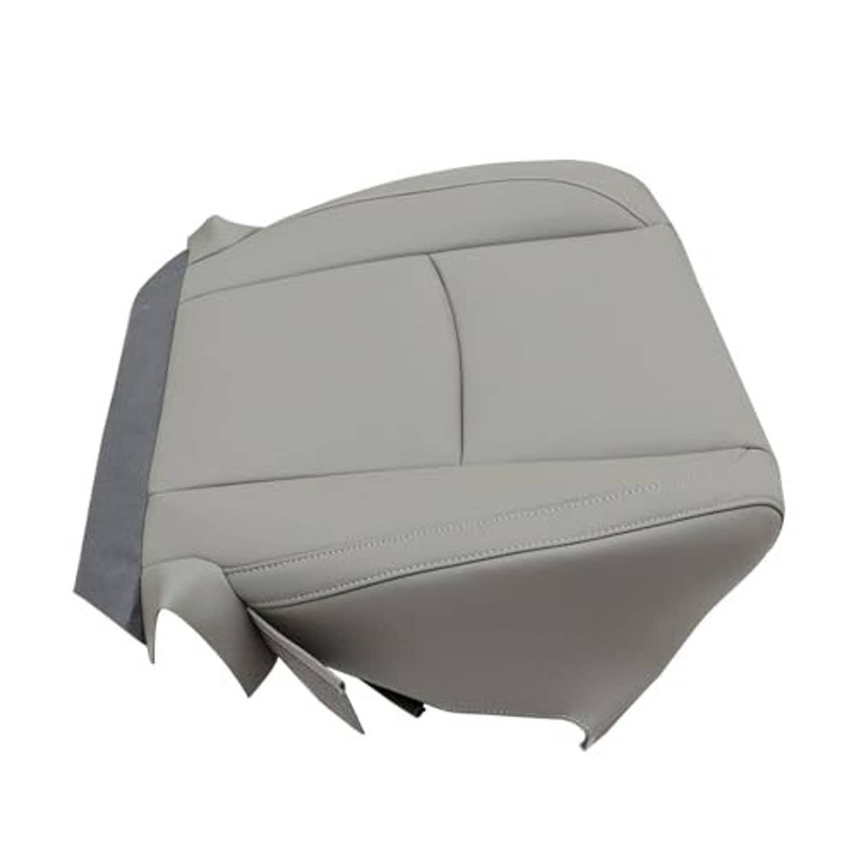 Gray leather seat cover bottom section with stitched side seams and panel lines
