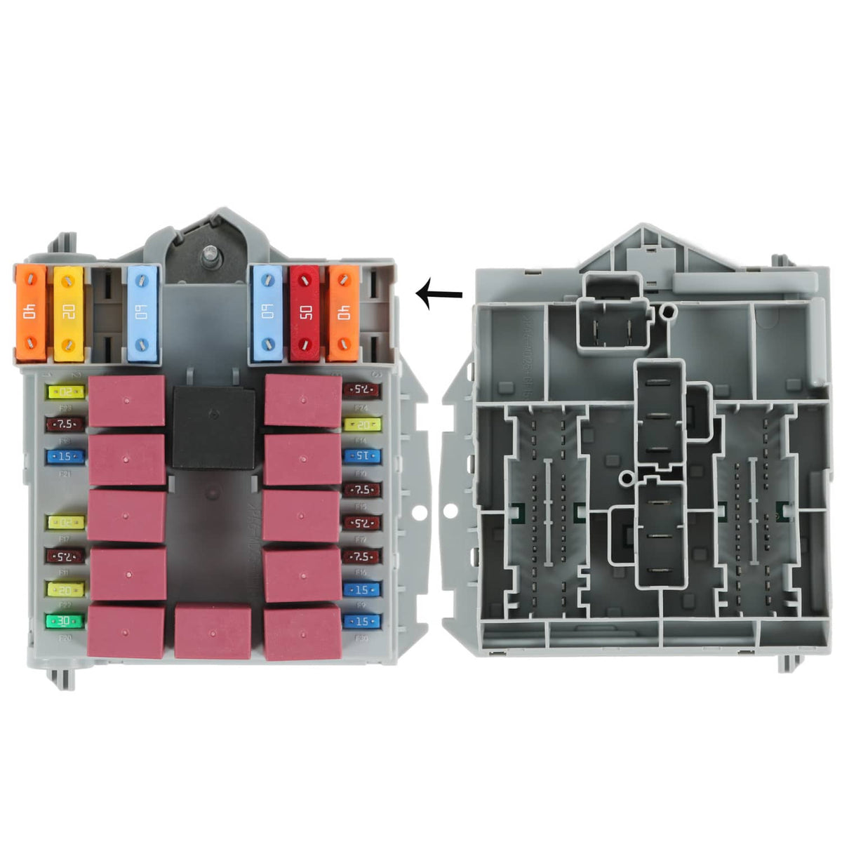 Power distribution center fuse box with colored rocker switches and circuit terminals exposed