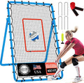 Volleyball rebounder net with blue frame, white mesh, and red target square