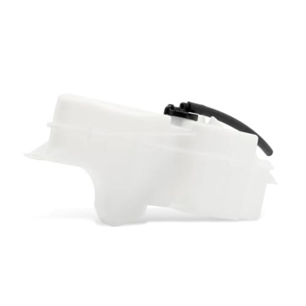 White coolant recovery tank with black hose routing and top mounting clips.