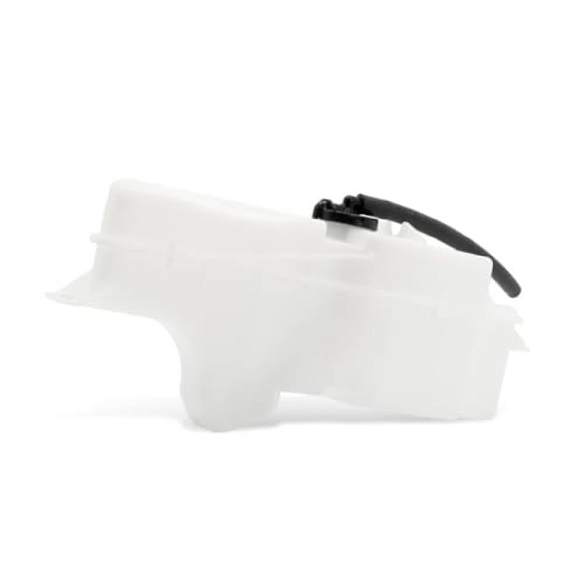 White coolant recovery tank with black hose routing and top mounting clips.