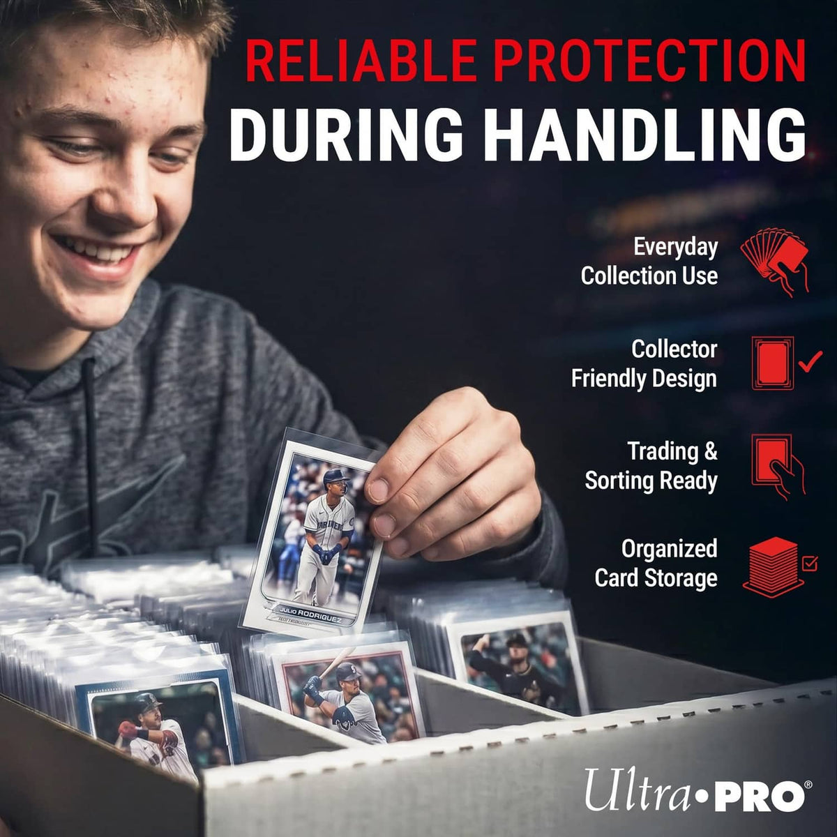 Ultra Pro clear card sleeves with trading cards arranged in an open box