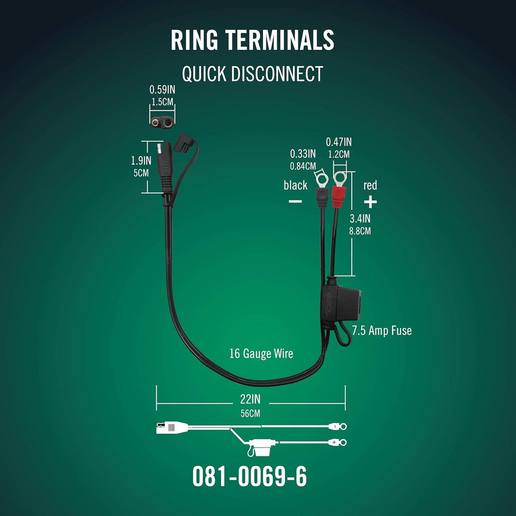 Wiring harness adapter showing ring terminals, quick-disconnect connector, and inline fuse
