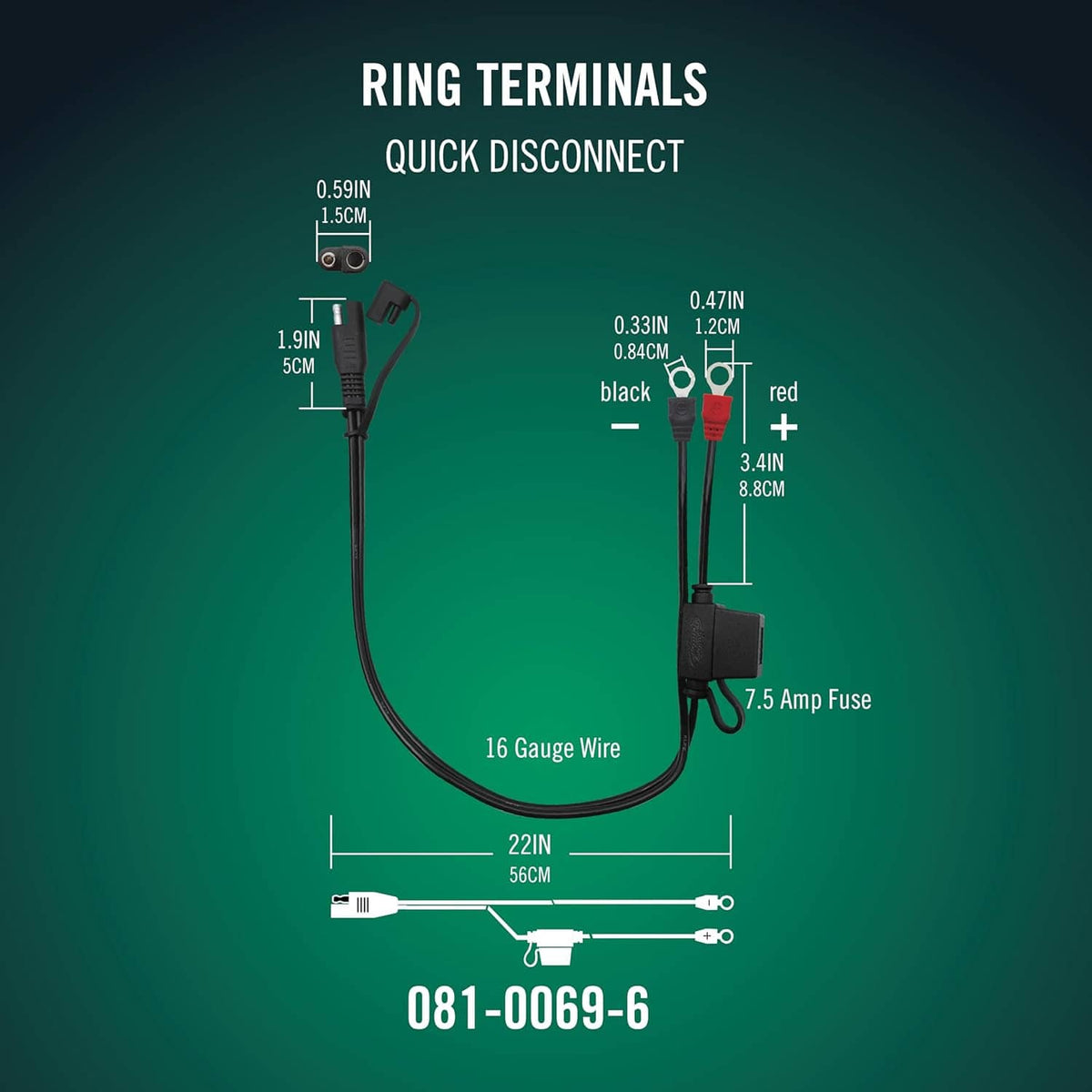 Wiring harness adapter showing ring terminals, quick-disconnect connector, and inline fuse