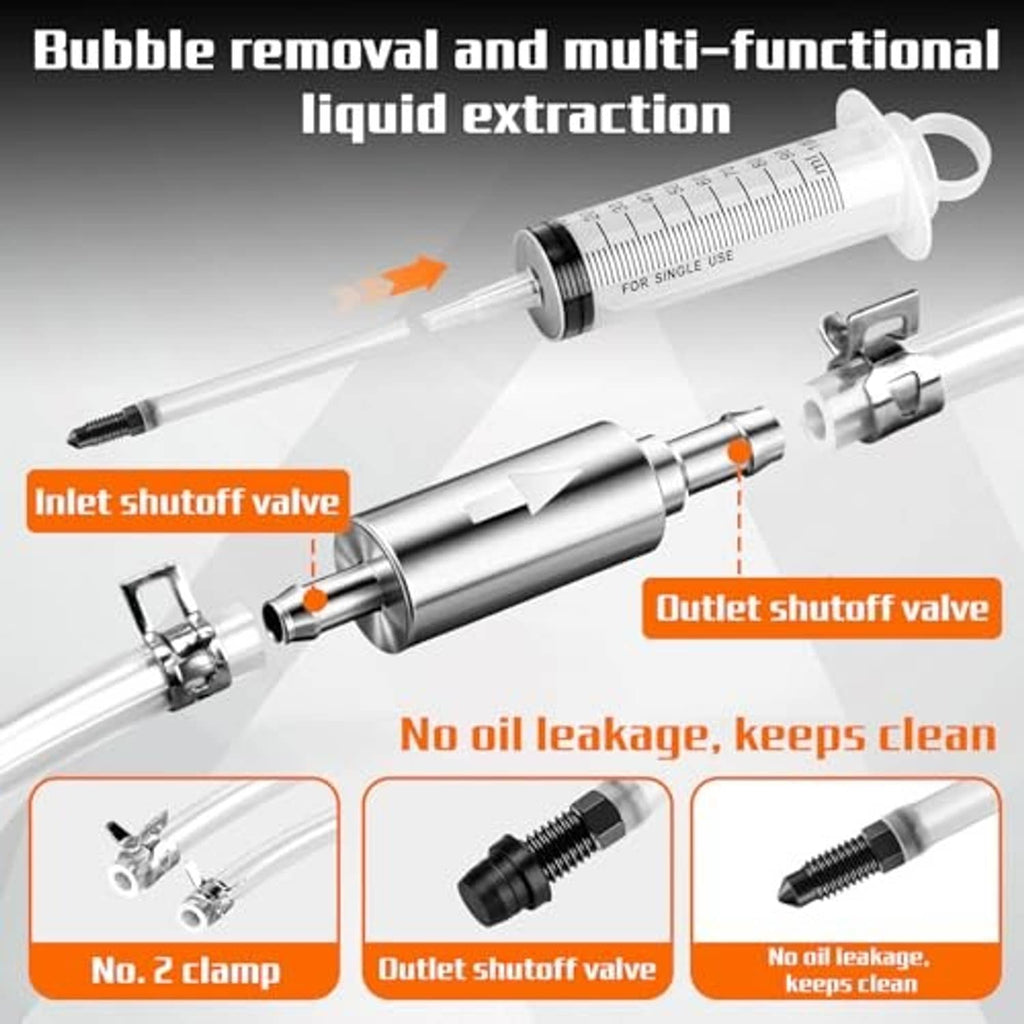 Brake bleeding syringe setup with one-way valve, inlet and outlet shutoff valve