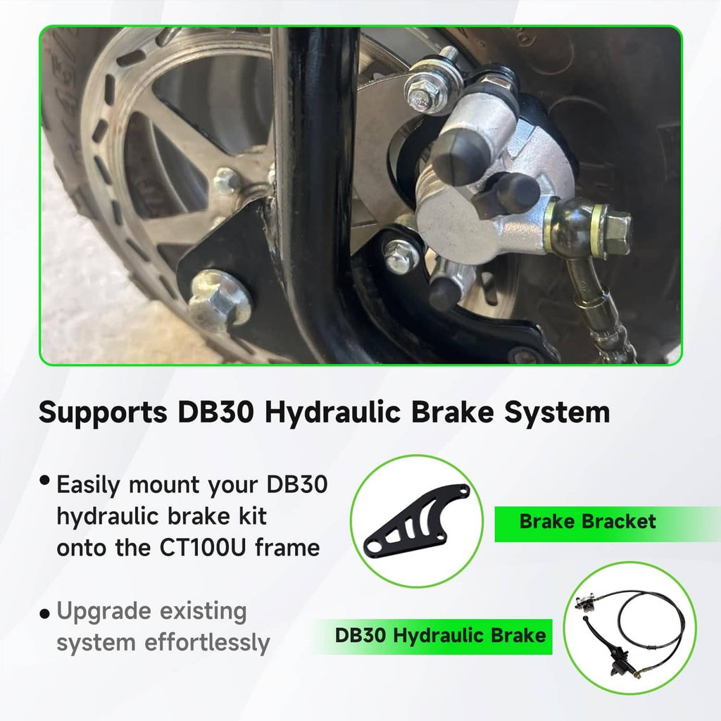 Hydraulic brake caliper mounted on the bracket near the front wheel hub