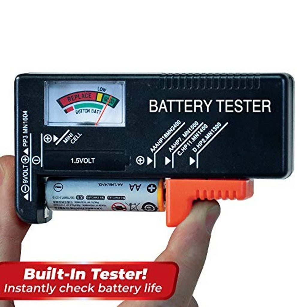 Handheld battery tester with LCD screen and orange clamp terminals
