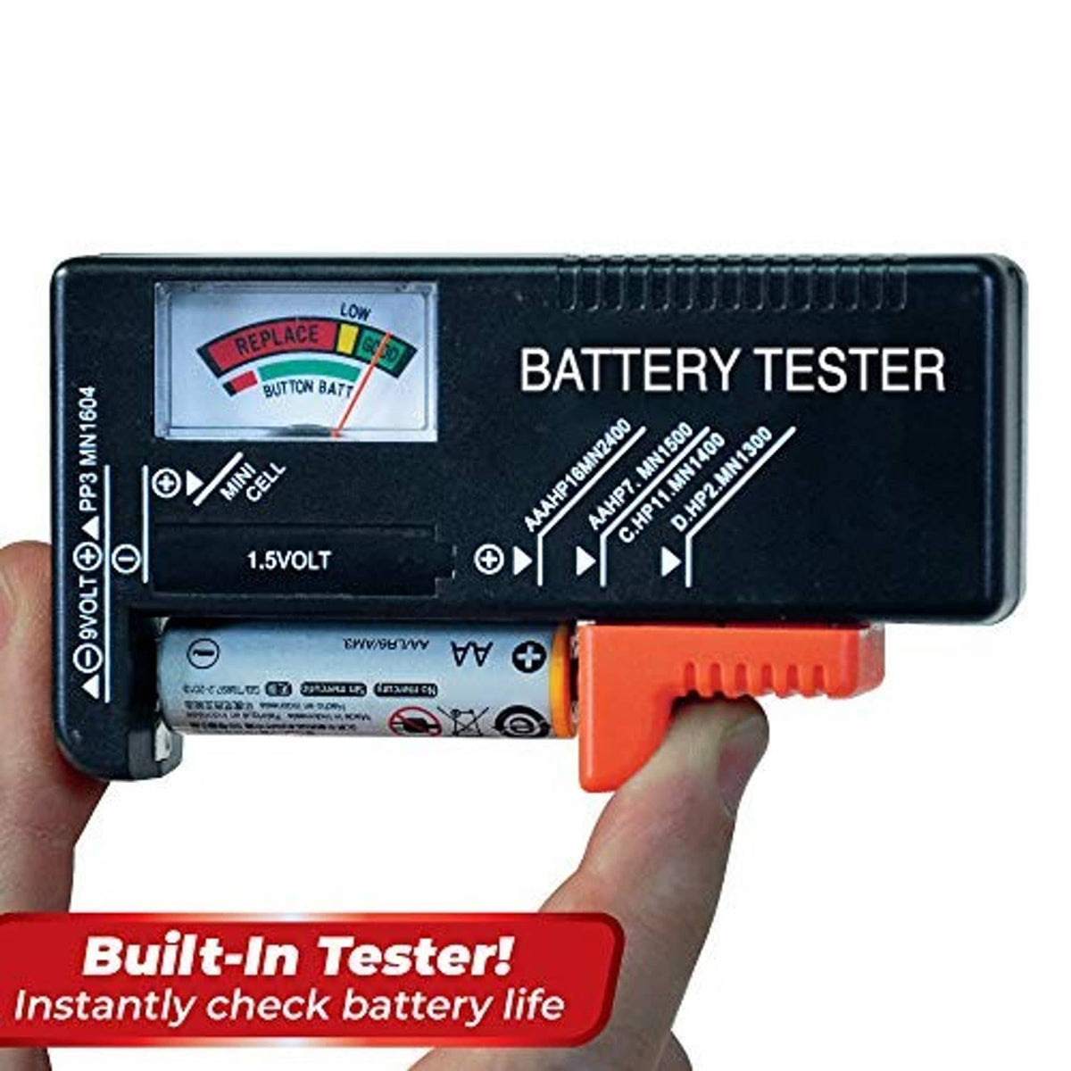 Handheld battery tester with LCD screen and orange clamp terminals