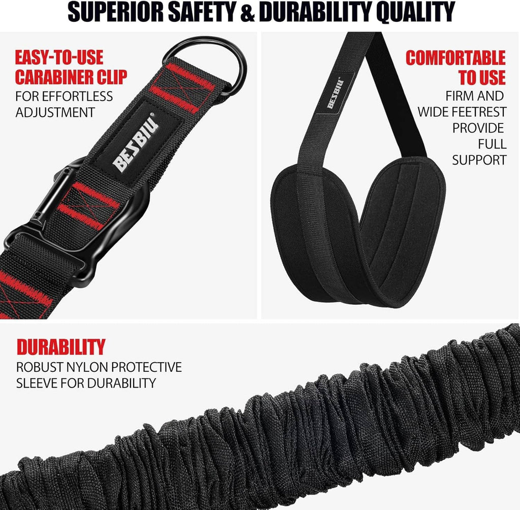 Pull-up assistance bands with carabiner clip and loop straps, black webbing with red accents
