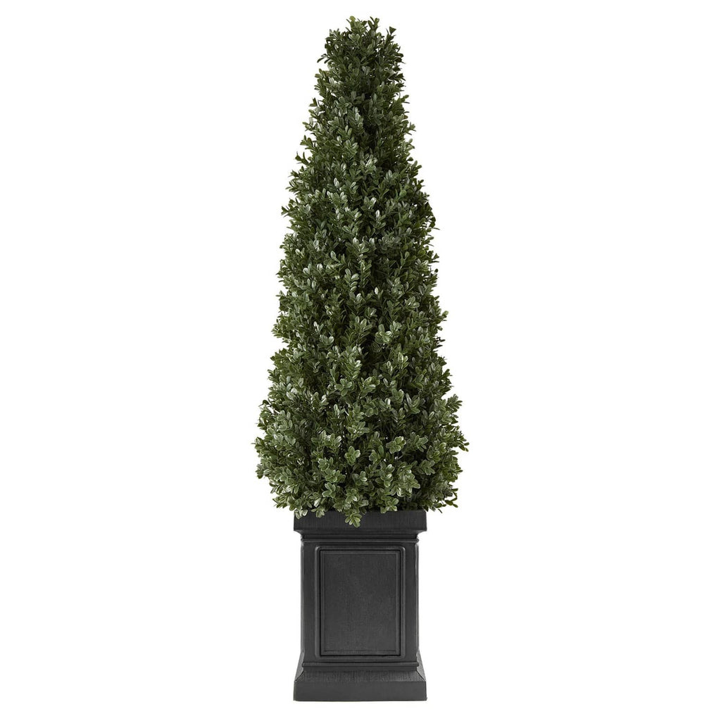 Artificial boxwood topiary with dense green leaves in black square planter pot