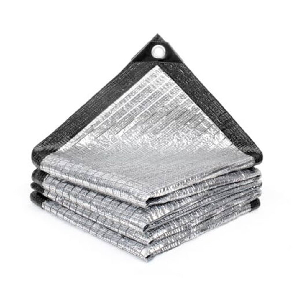 Reflective silver tarp fabric bundle with black border and metal grommet corners