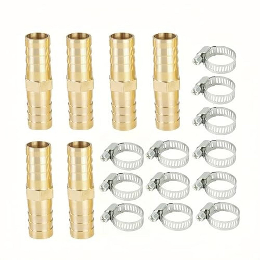 Brass hose barb fittings with assorted worm-gear hose clamps for hose mending