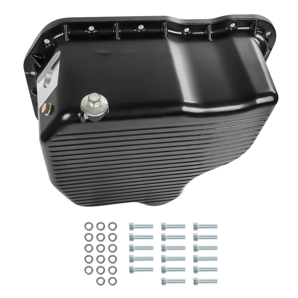 Black oil pan underside with drain plug and mounting holes, ribbed sidewalls