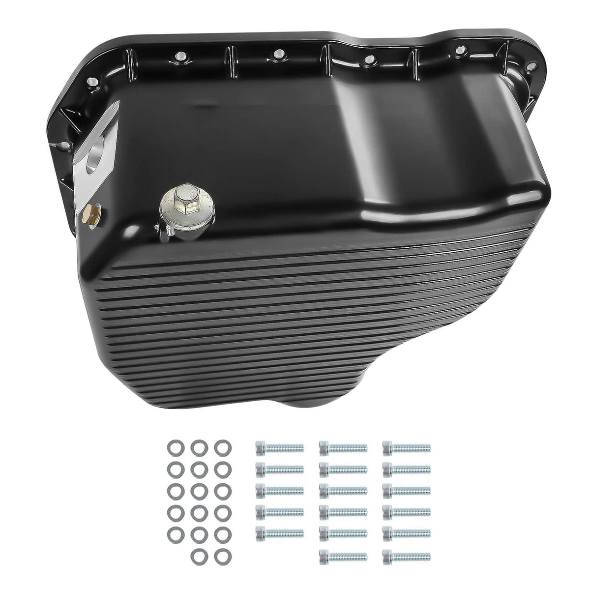 Black oil pan underside with drain plug and mounting holes, ribbed sidewalls