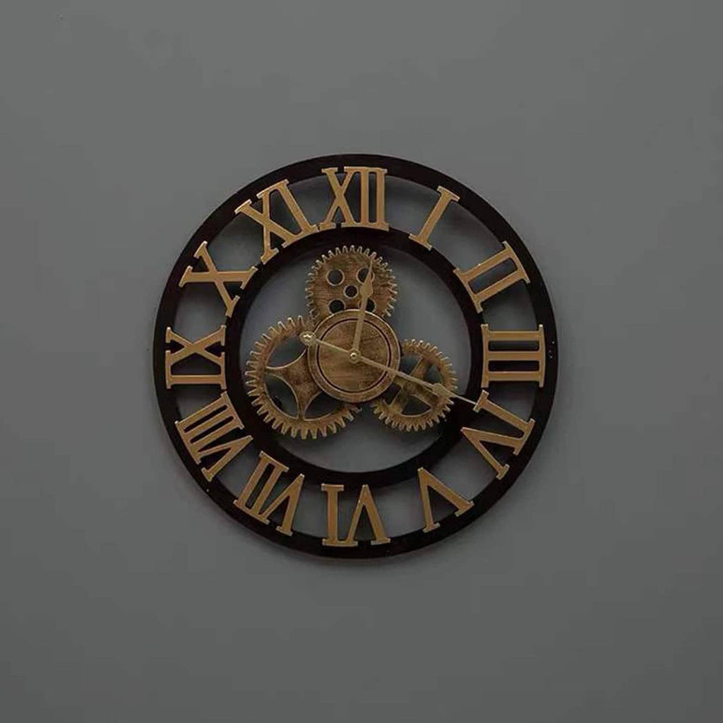 Round clock face with Roman numerals, gear-style inner details, and gold hands