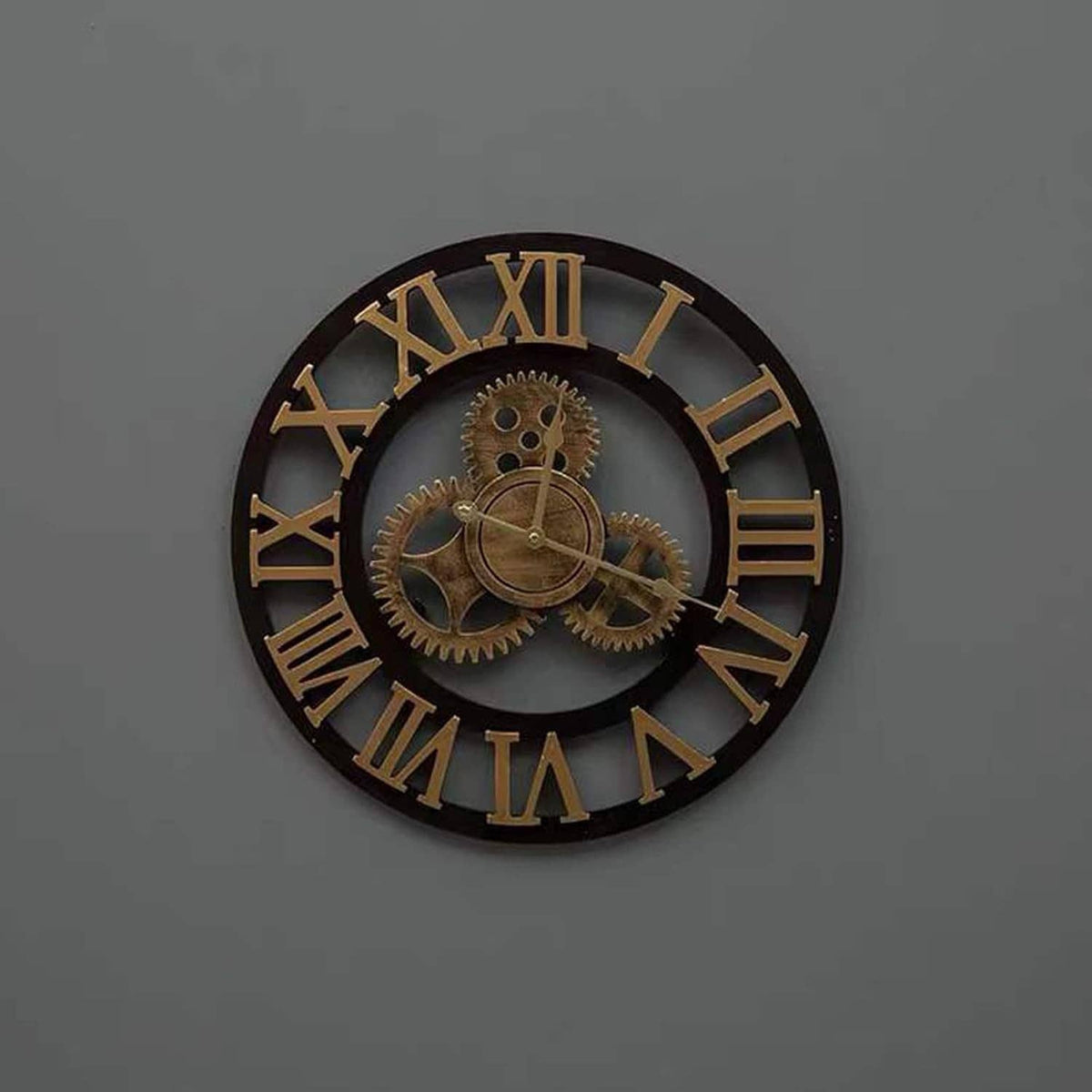 Round clock face with Roman numerals, gear-style inner details, and gold hands