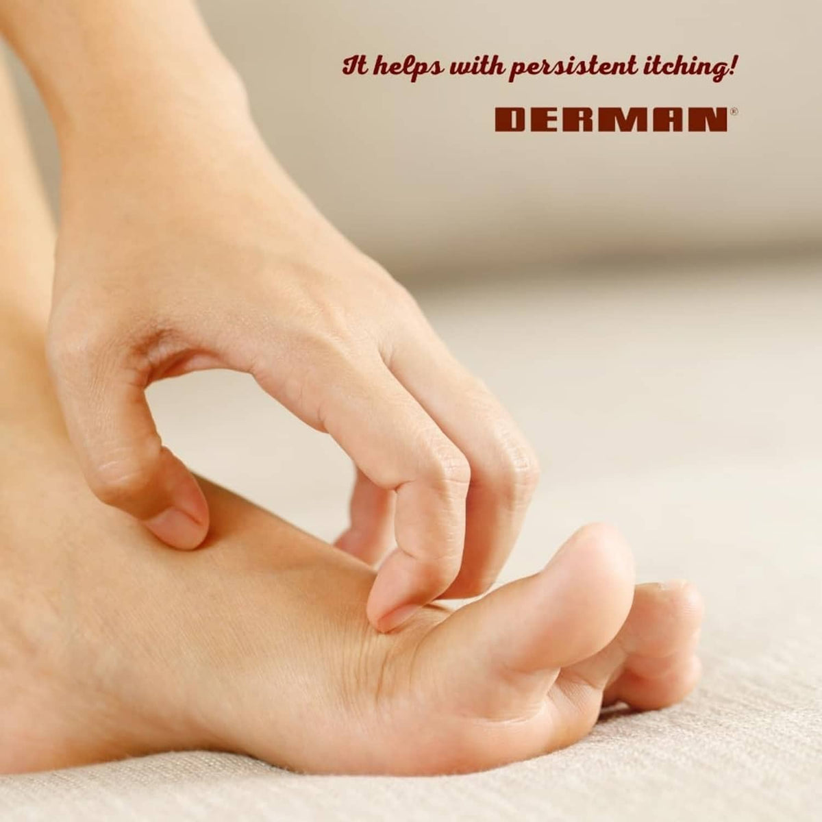Hand applying antifungal cream to a foot, supporting itching symptom relief.