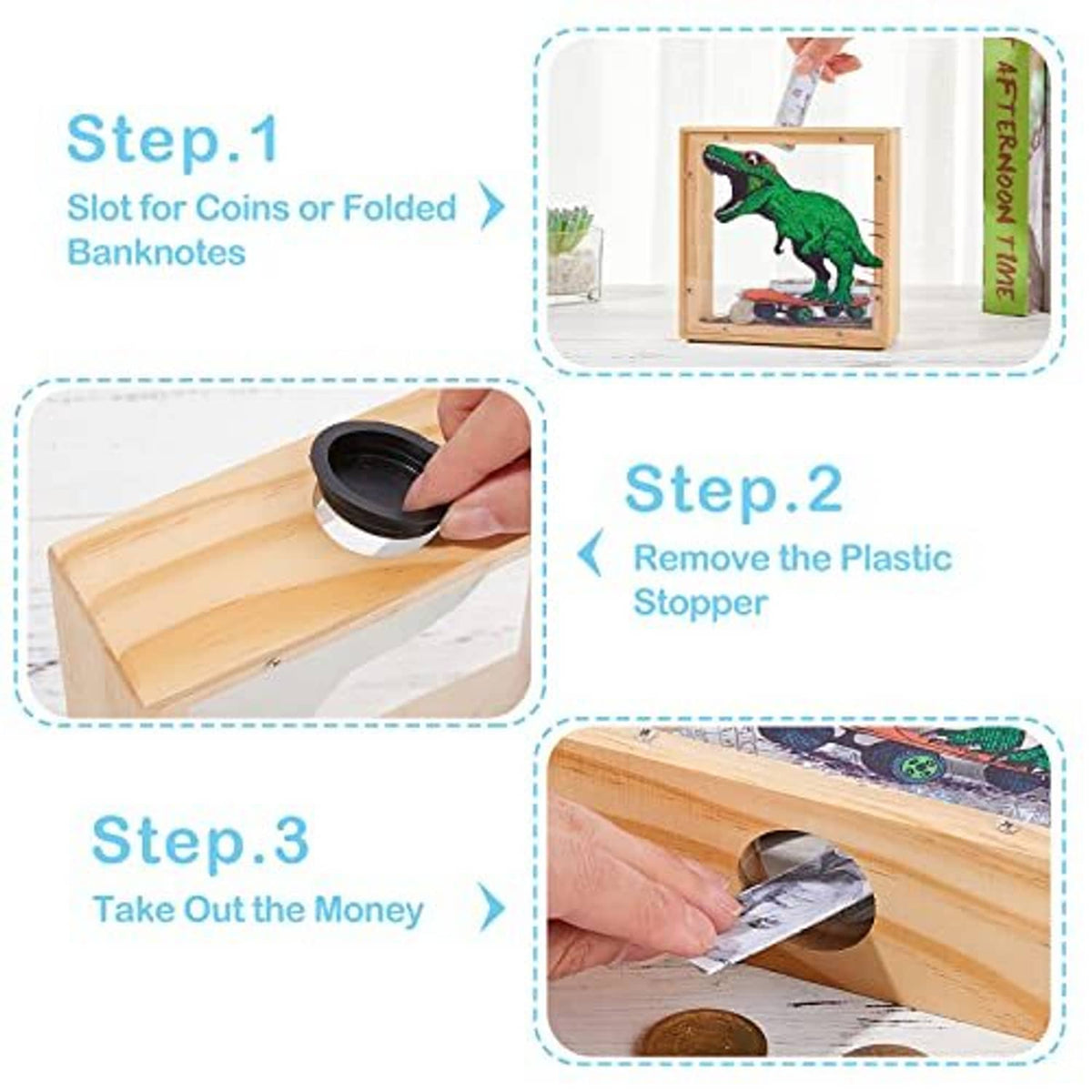 Wooden piggy bank with coin slot and dinosaur artwork on a transparent acrylic panel