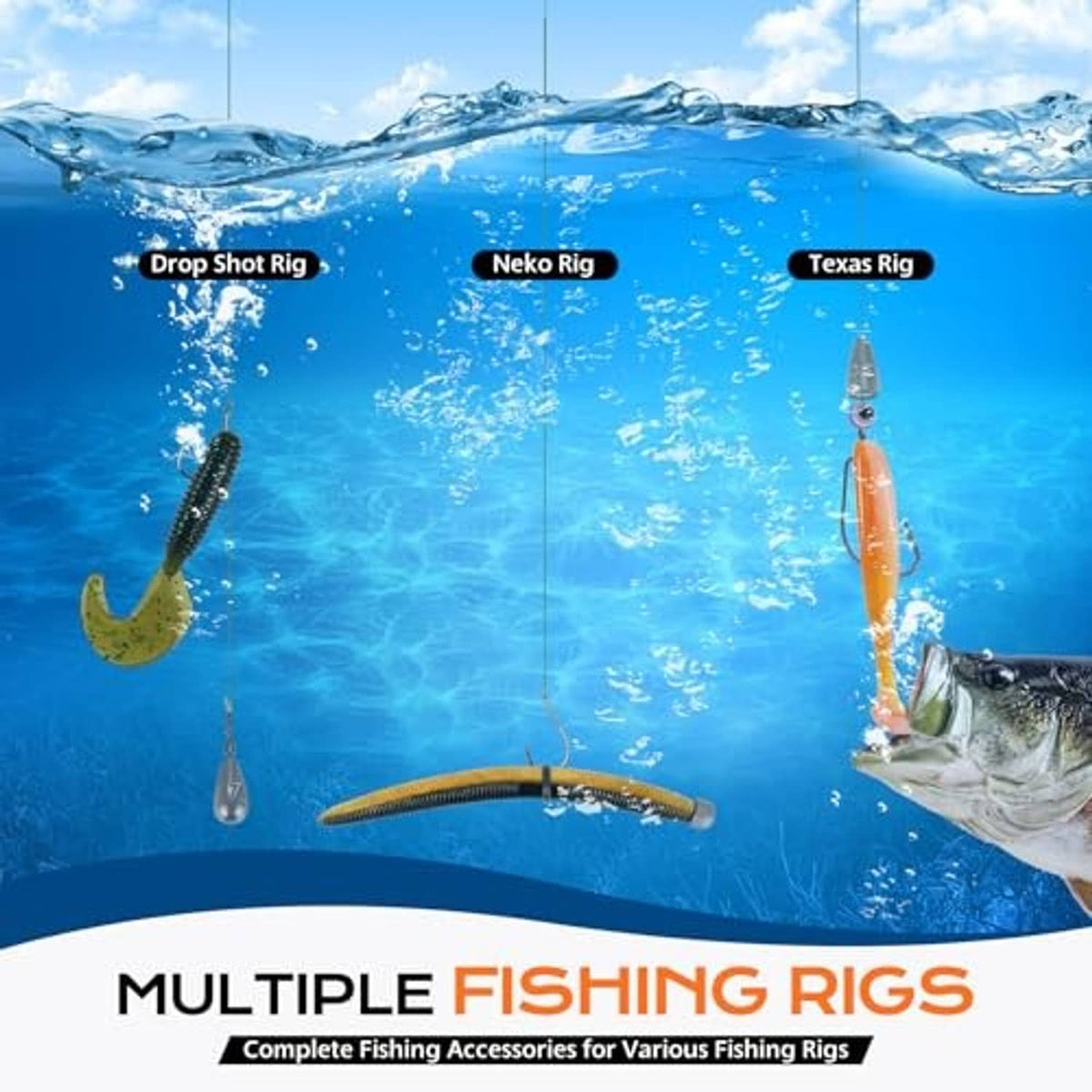 Assorted fishing rigs and lures floating underwater, including Texas rig and drop shot