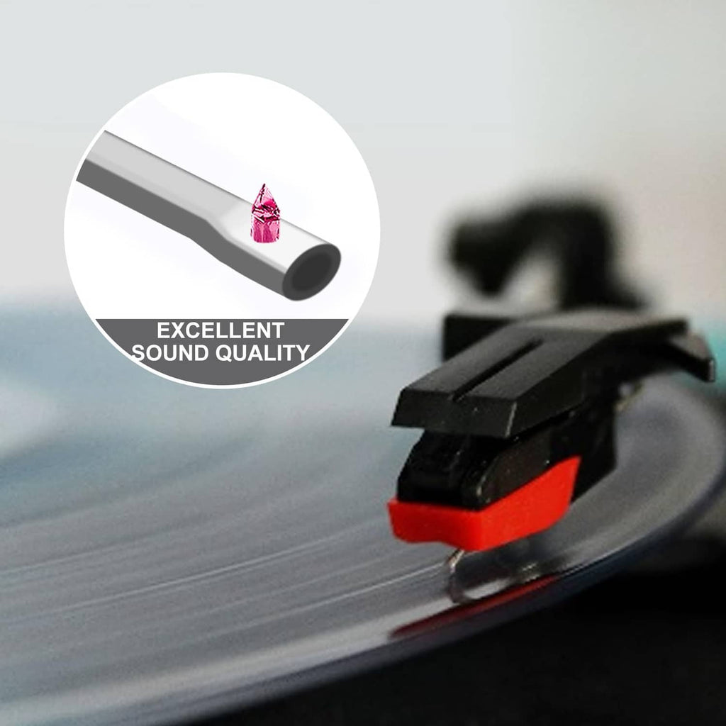 Red record player needle set, black stylus tip on turntable tonearm