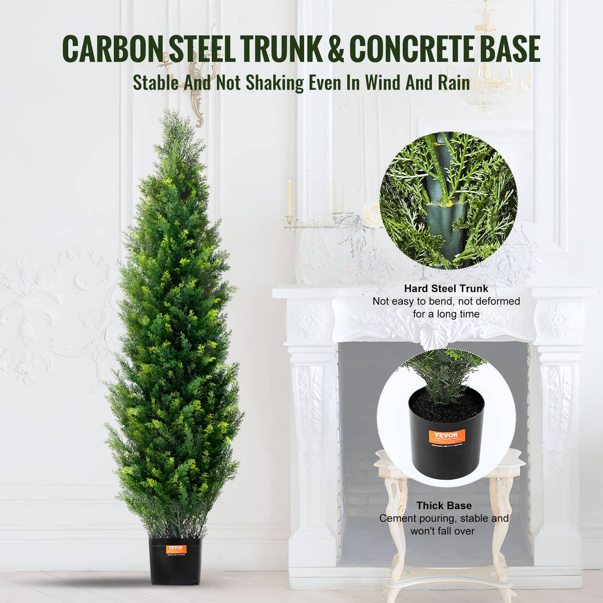 Artificial cedar topiary tree in black pot with thick base and sturdy trunk