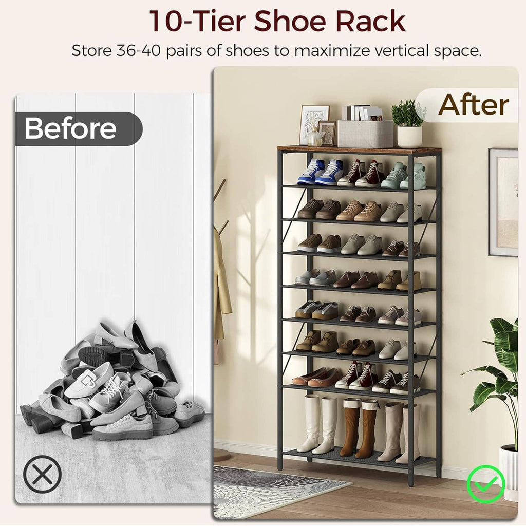 10-tier shoe rack organizer with gray shelves, black frame, and wooden top shown with shoes.
