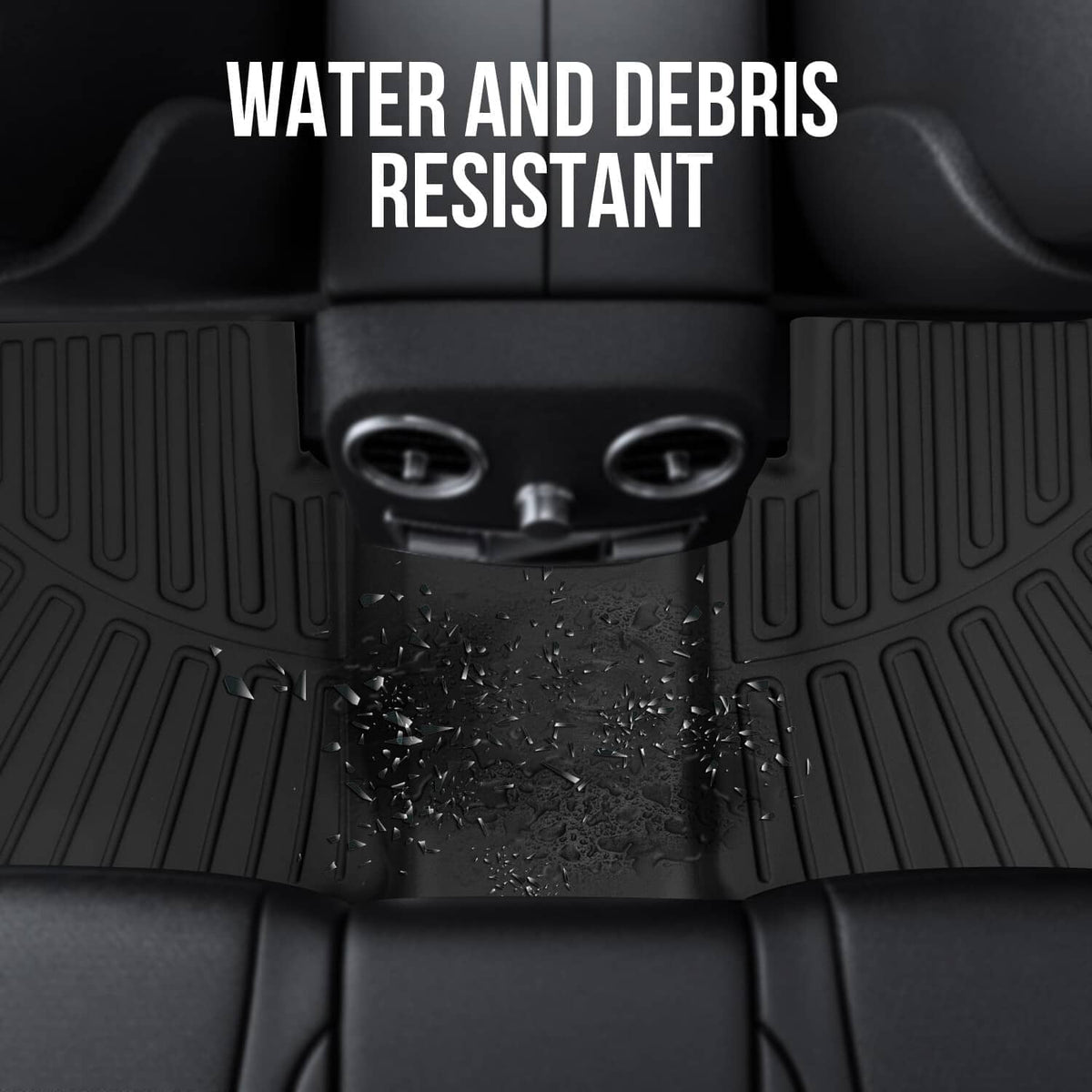Black all-weather floor mat surface with raised channels to resist water and debris