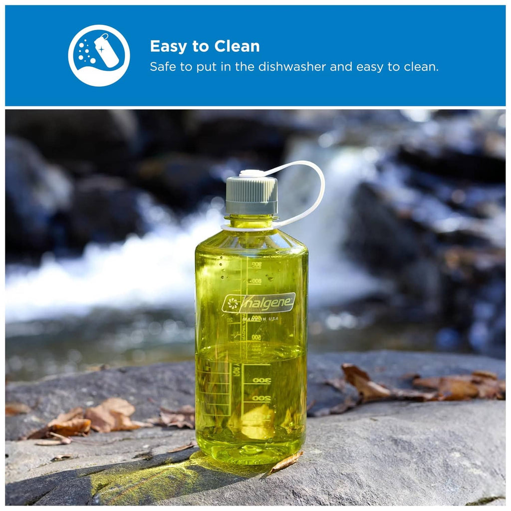 Oil green Nalgene narrow-mouth water bottle with loop handle and measurement marks