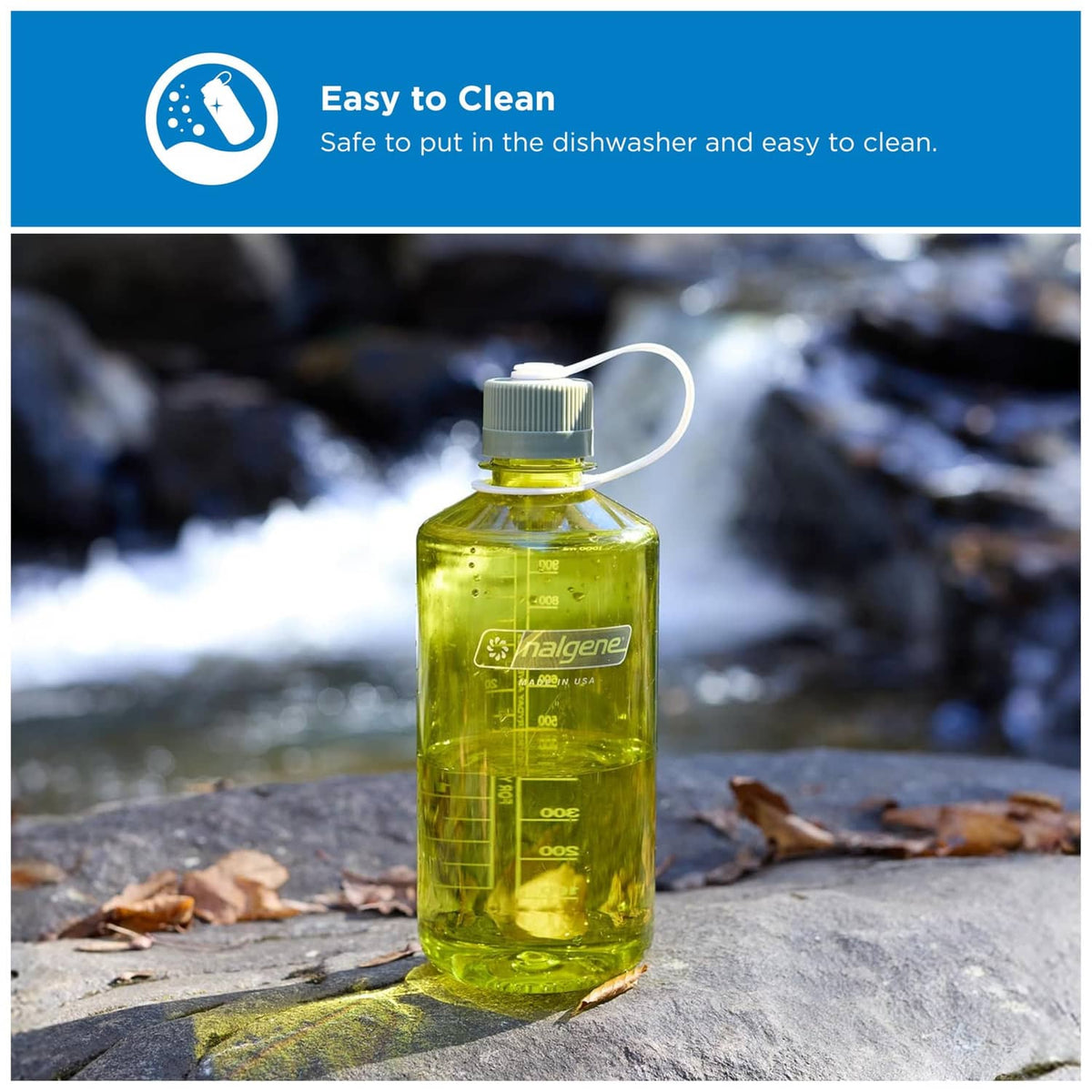Oil green Nalgene narrow-mouth water bottle with loop handle and measurement marks