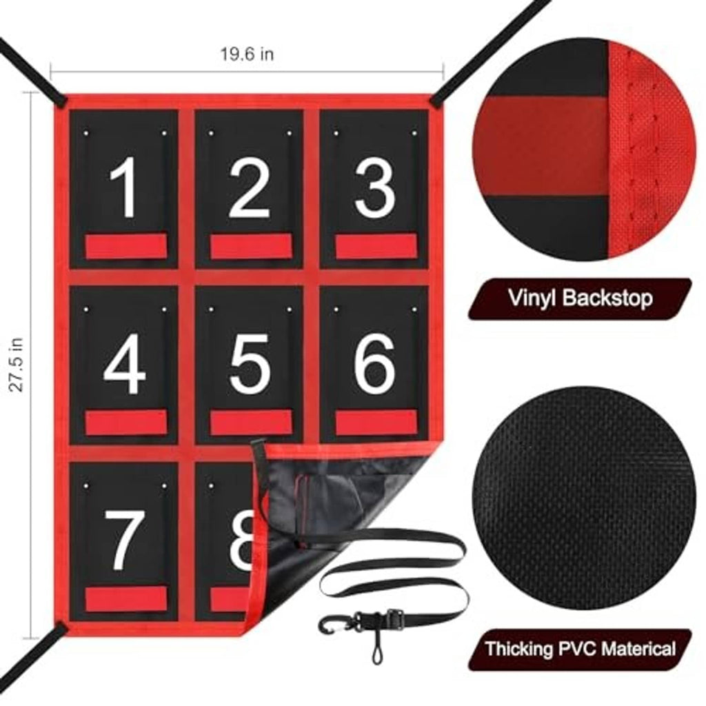 Numbered 1–9 strike zone target board with red border, plus attachment straps