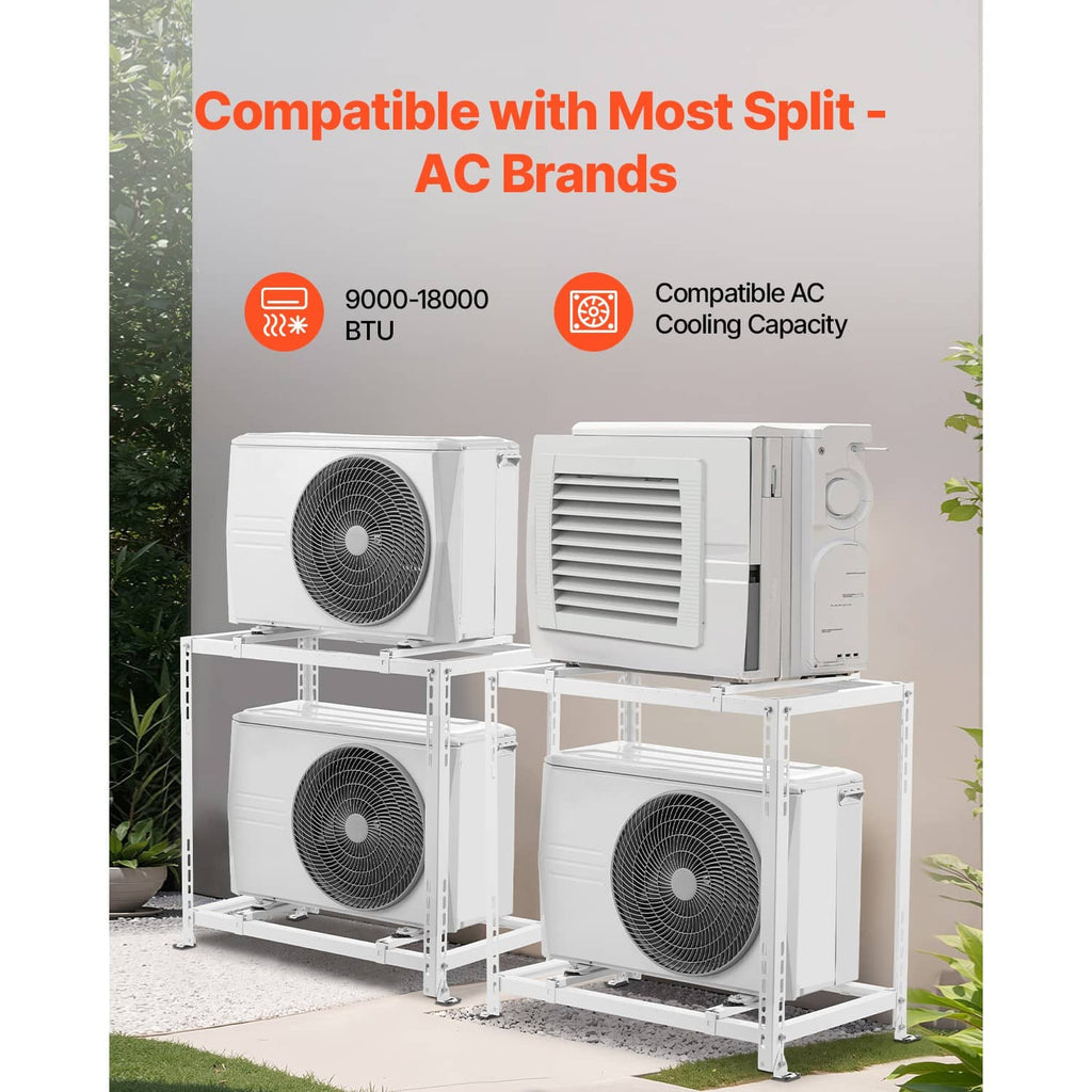 White rack mini split ground stand with four outdoor condenser units