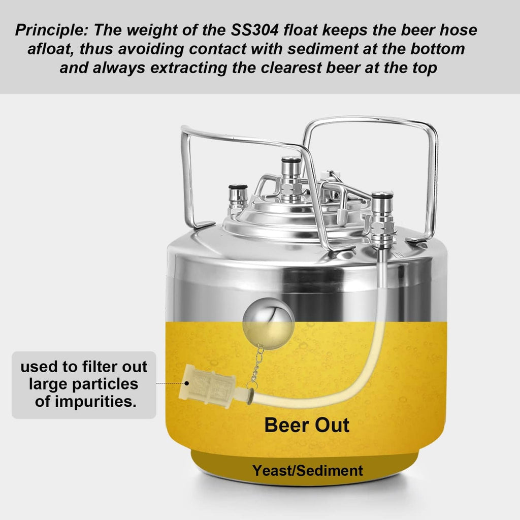 Stainless floating beer dip tube with ball float for drawing clear beer from top