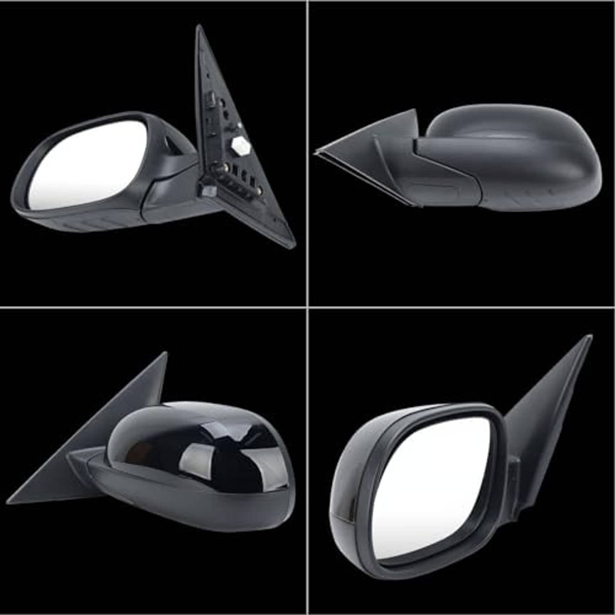 Left driver-side black side mirror shown from multiple angles with tinted glass