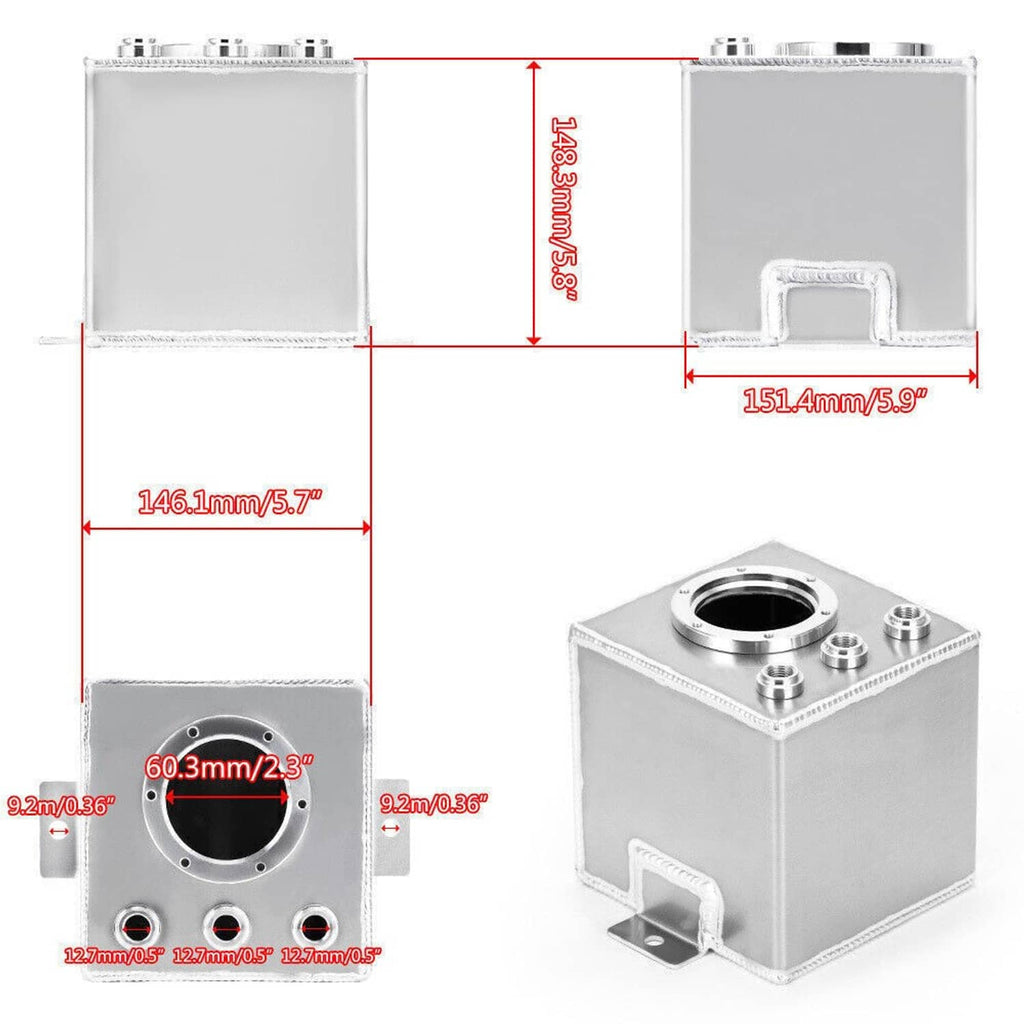 Aluminum fuel surge pot tank side view with inlet/outlet ports and size measurements