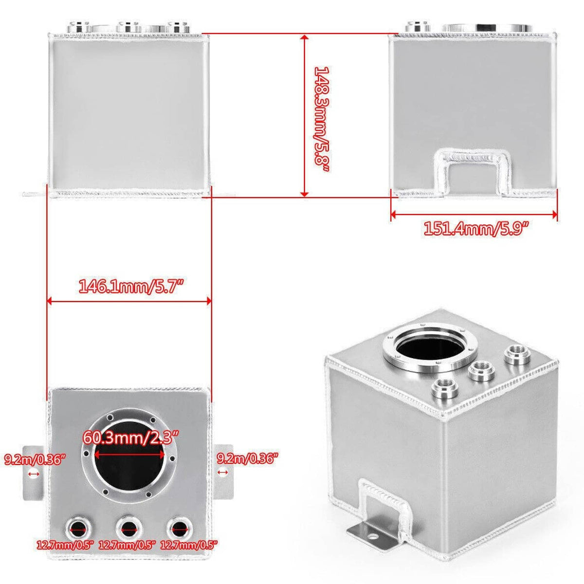 Aluminum fuel surge pot tank side view with inlet/outlet ports and size measurements