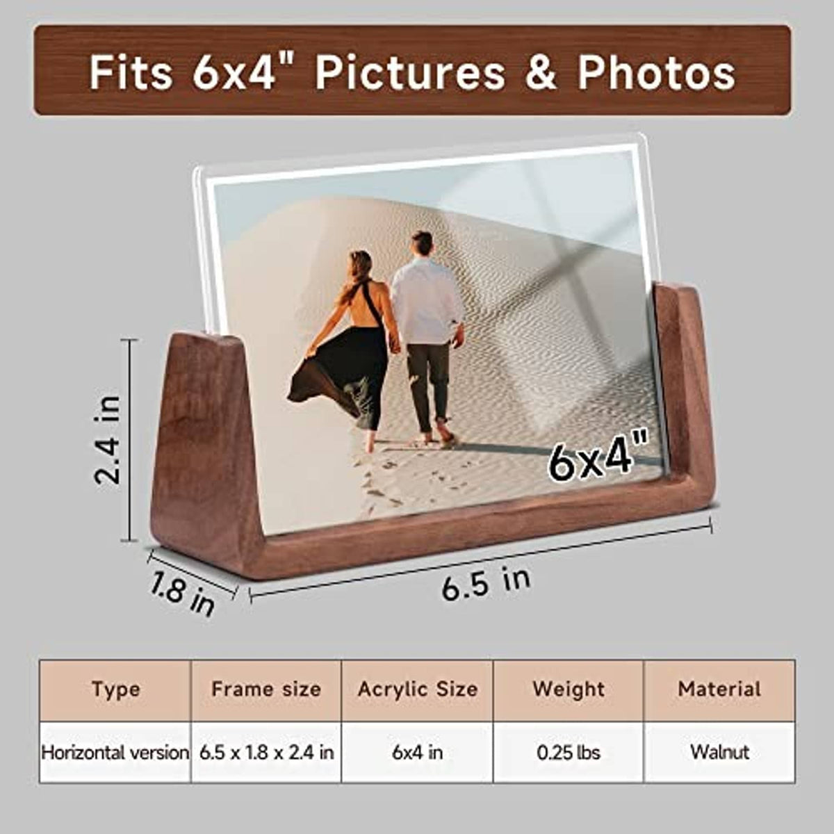 Rustic 4x6 horizontal wooden photo frame with clear acrylic cover on U-base