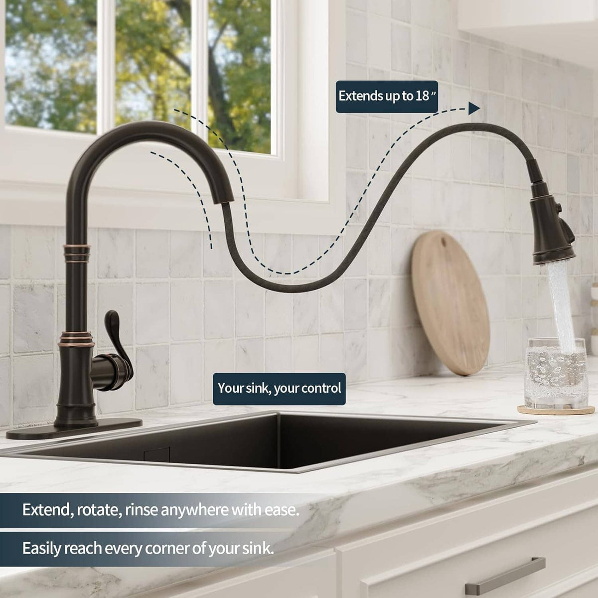 Pull-down kitchen faucet with extended curved sprayer neck and bronze accent collar