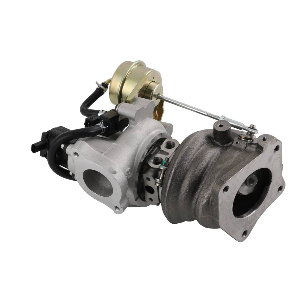 Turbocharger assembly showing intake and turbine housings with gold actuator canister
