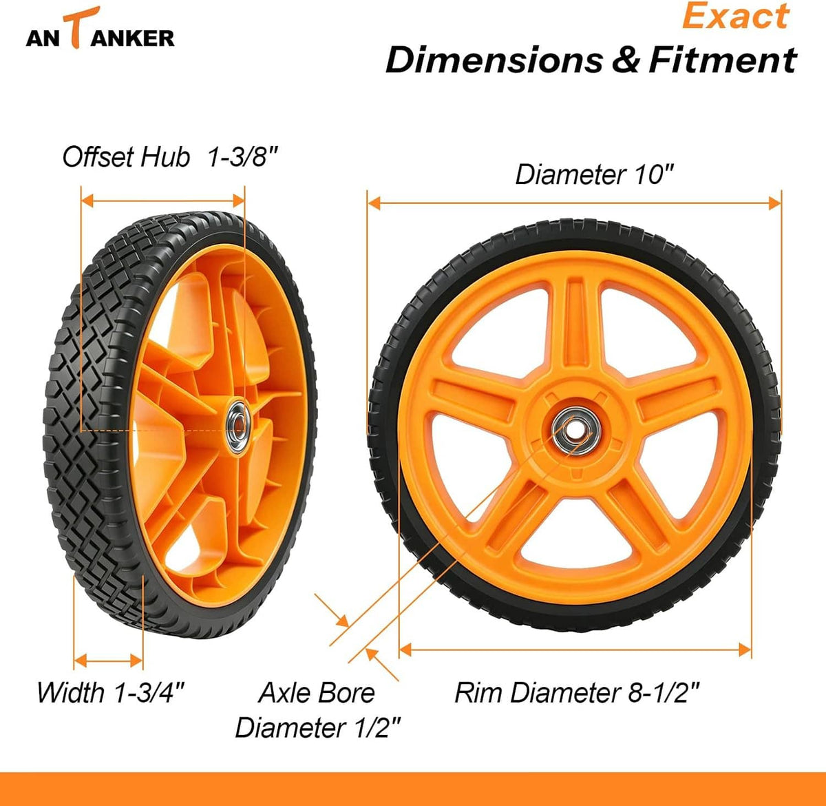 Orange 10-inch mower wheel diagram with black tire, hub offset, and axle bore