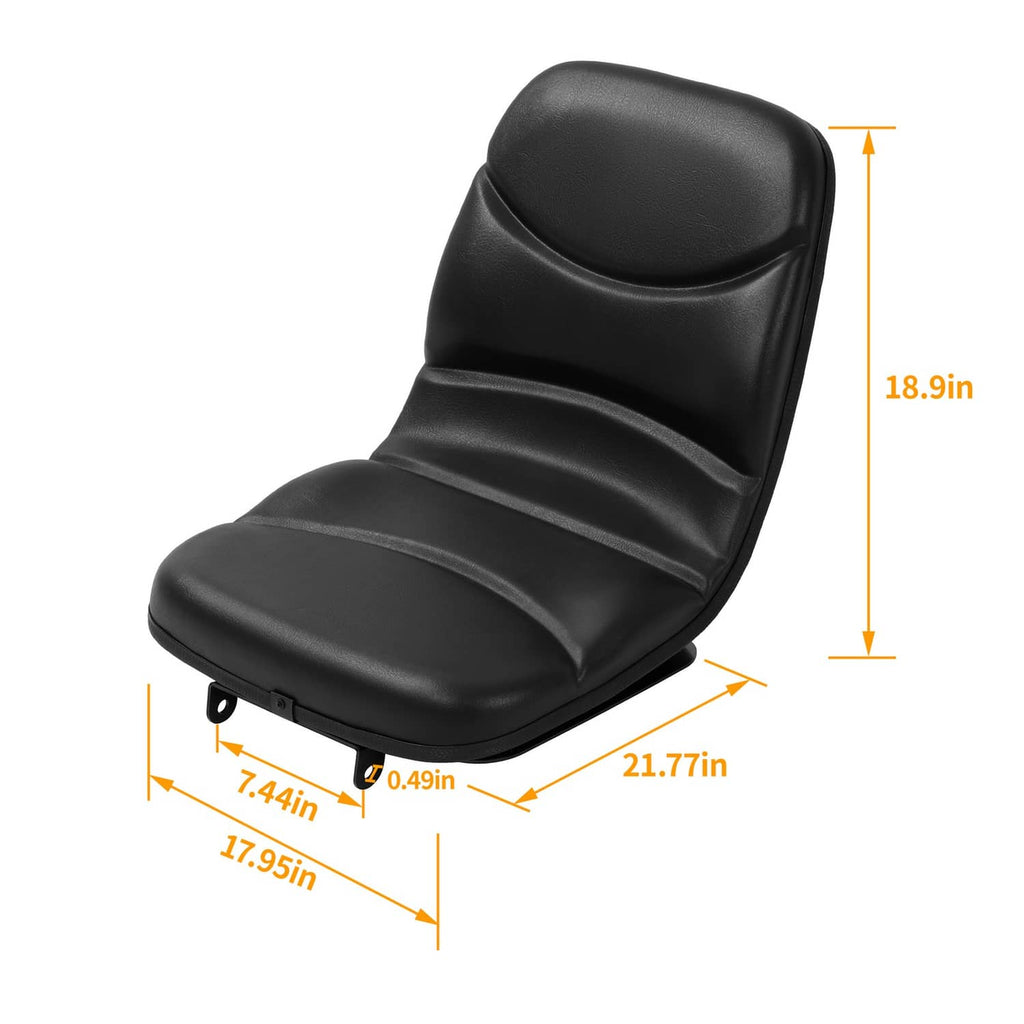 Black tractor seat with rounded headrest and contoured seat cushion