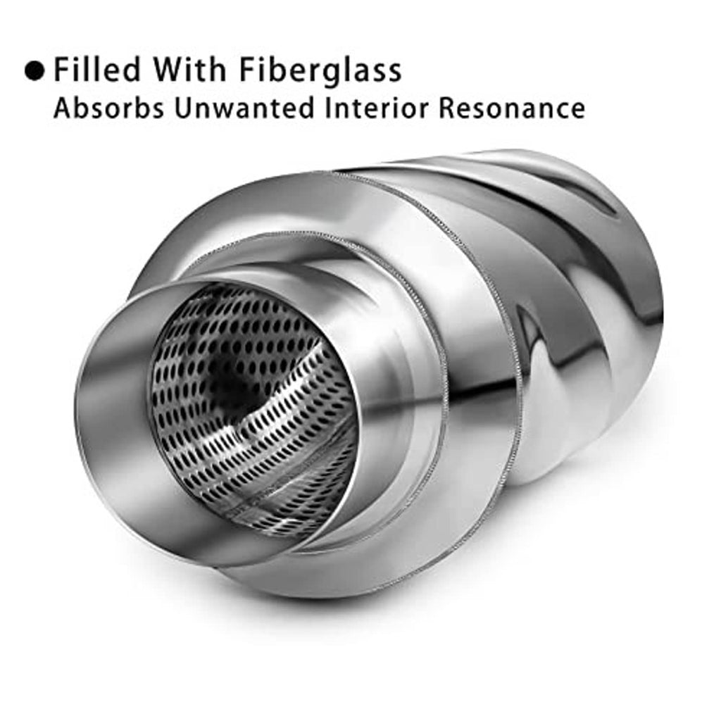 Stainless steel muffler with inner perforated baffle and fiberglass-filled core