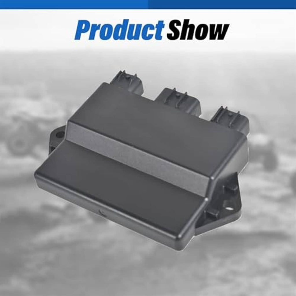 CDI box unit angled view with top ridges and side connector housings, black.