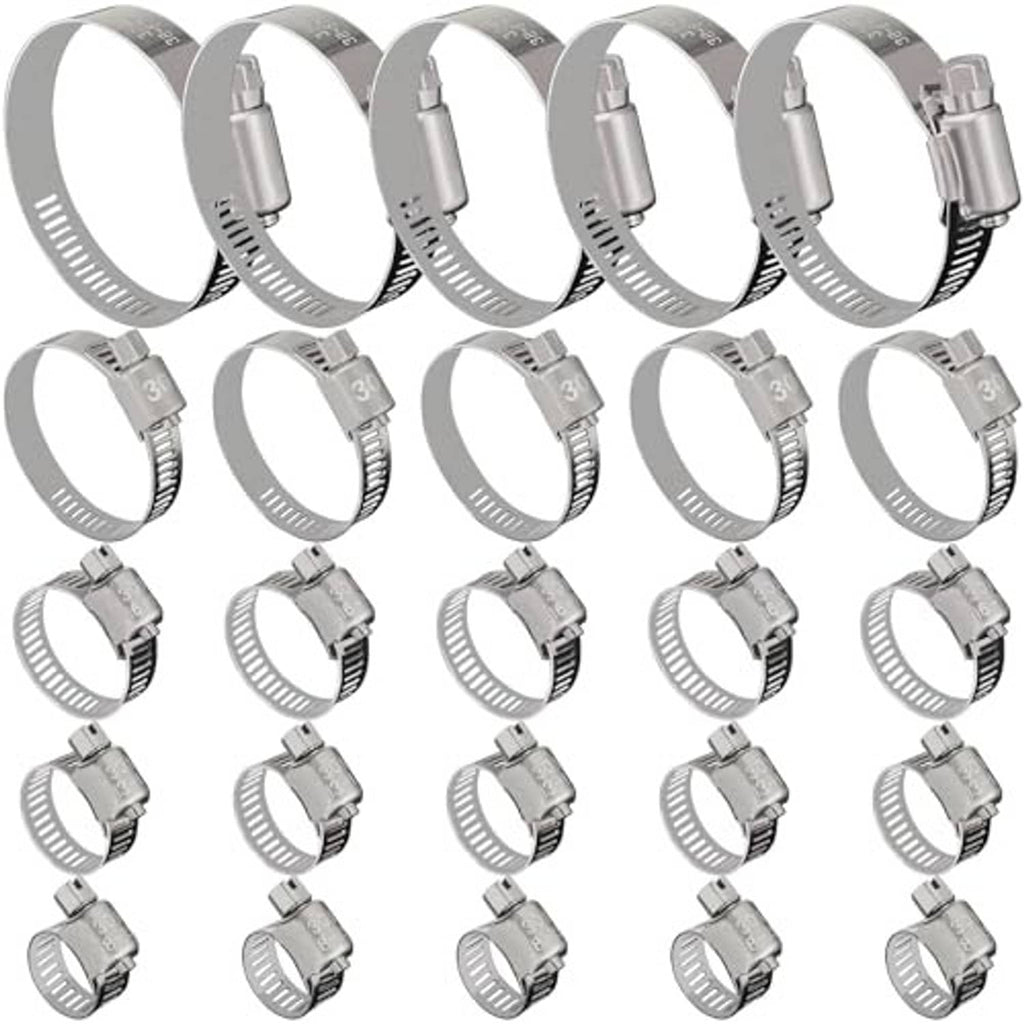 Assorted set of stainless steel hose clamps, visible band grooves and hex screw heads